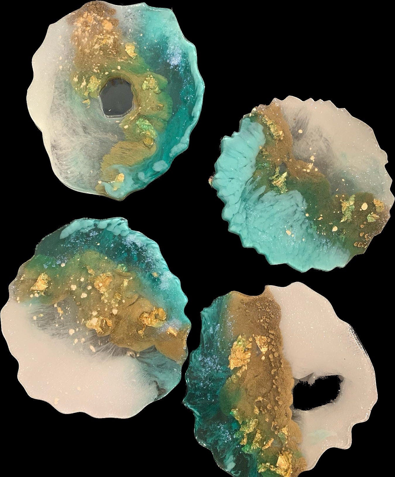 Aqua Clear Cream & Gold Geode Resin Coaster Set of 4