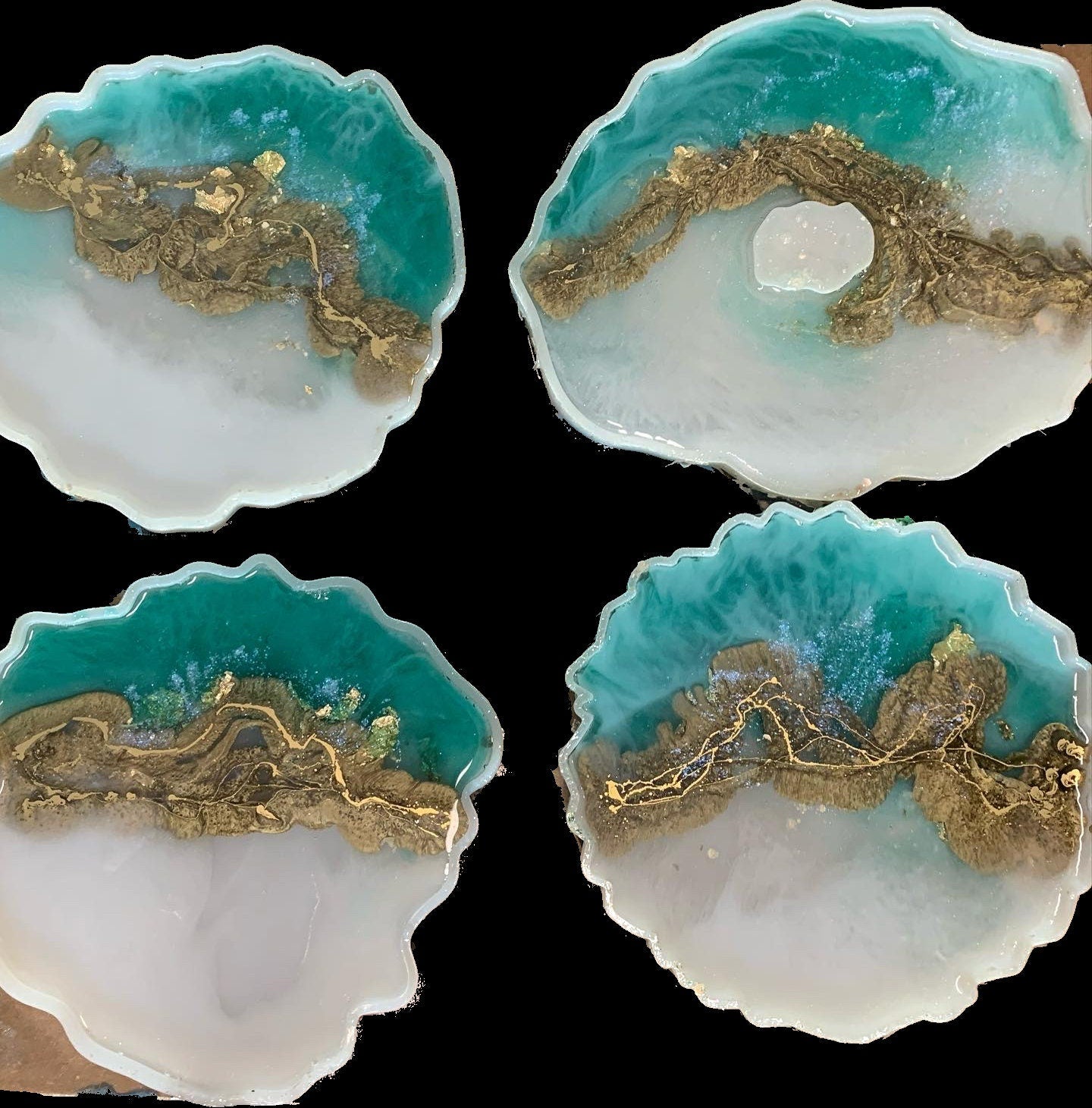 Aqua Clear Cream & Gold Geode Resin Coaster Set of 4