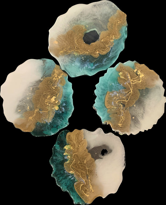 Aqua Clear Cream & Gold Geode Resin Coaster Set of 4